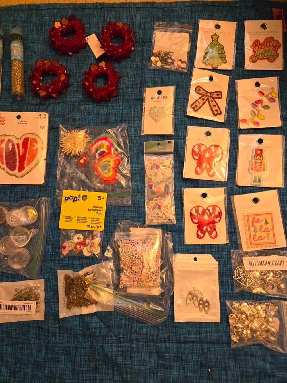 Assorted Craft Supplies Lot - Patches, Charms, and Beads